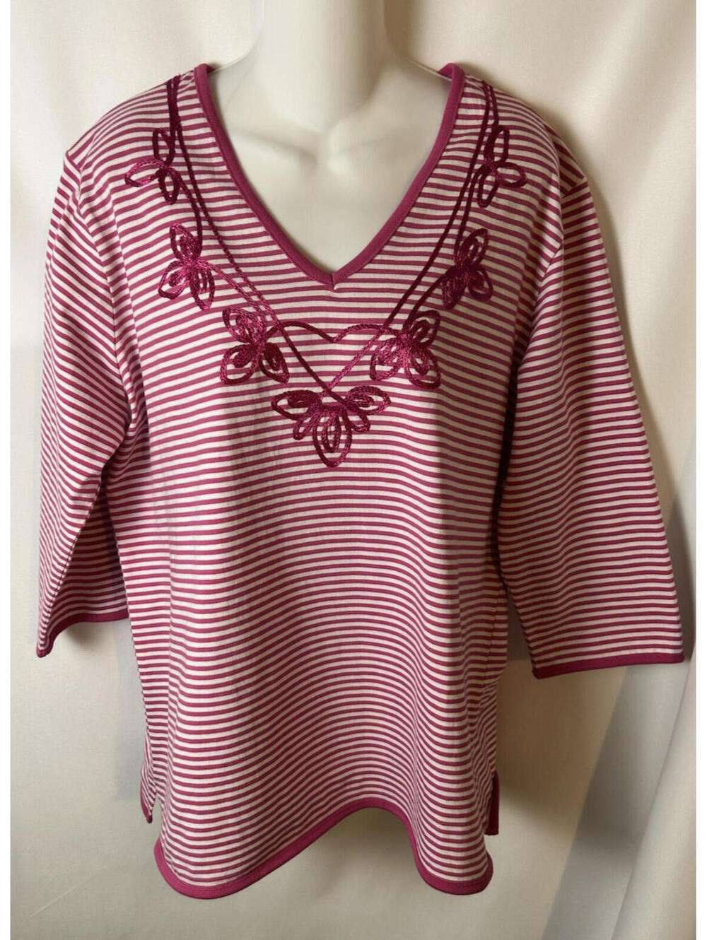 Susan Graver 3/4 Sleeve Pink/White Striped Embroidered Top  Size 1X   NWOT